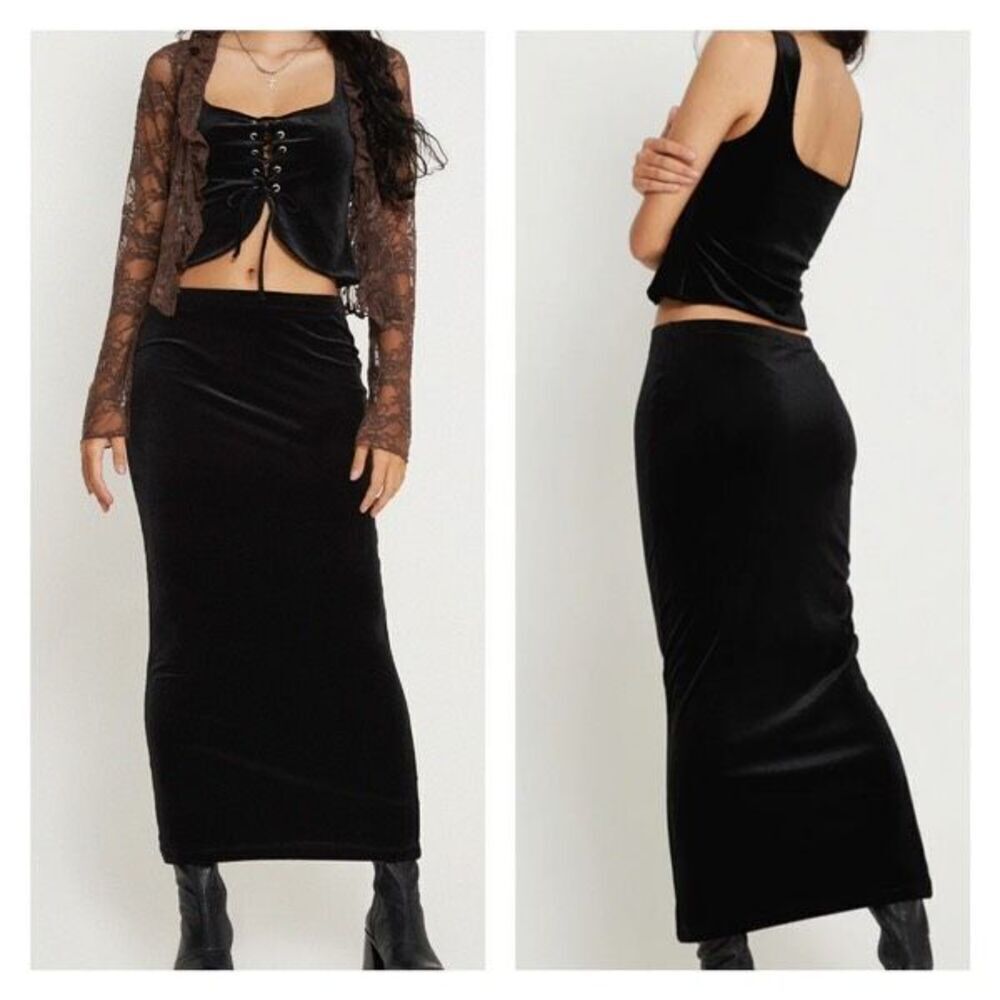 Vintage B. Moss WhimsyGoth Fairy Grunge Velvet Silk‎ Midi Skirt Black Size 8 90s